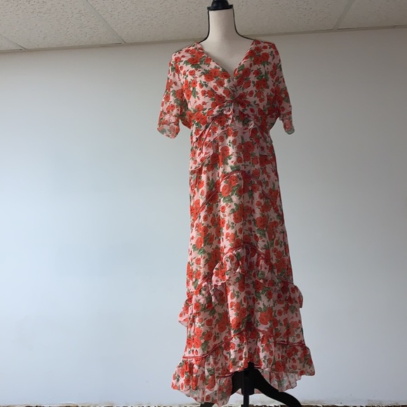 Hope & Ivy Liberty Fabric Tiered Frill Midi Dress Poppy Print in Red 16 - Picture 2 of 13